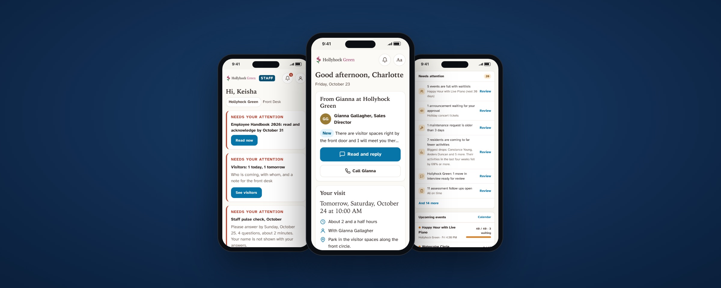 Community by Dual Path on three phones: the front desk's home screen, a future resident's home screen and the executive director's Needs attention list