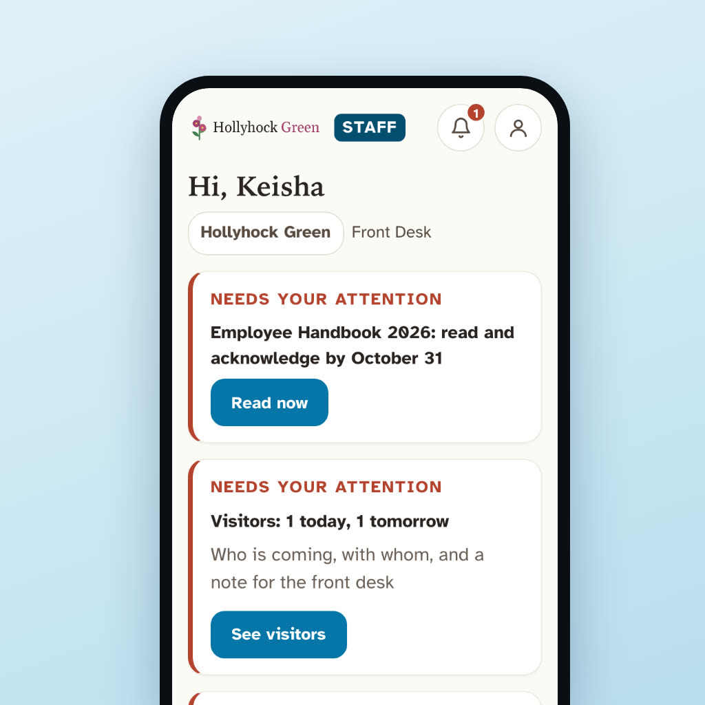 Community on a phone: a front desk staff member's home screen with a handbook sign off, today's visitors and a staff survey