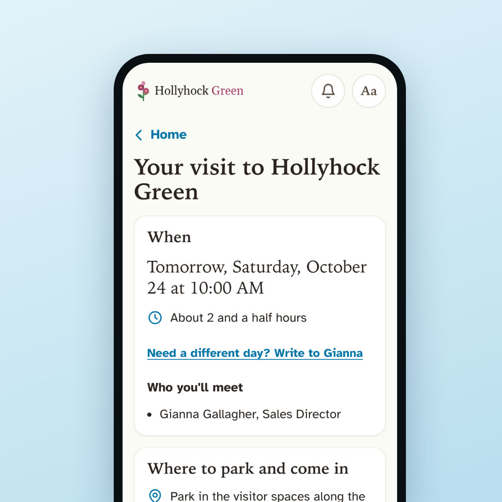 Community on a phone: the plan for a future resident's visit, with when, who she will meet and where to park